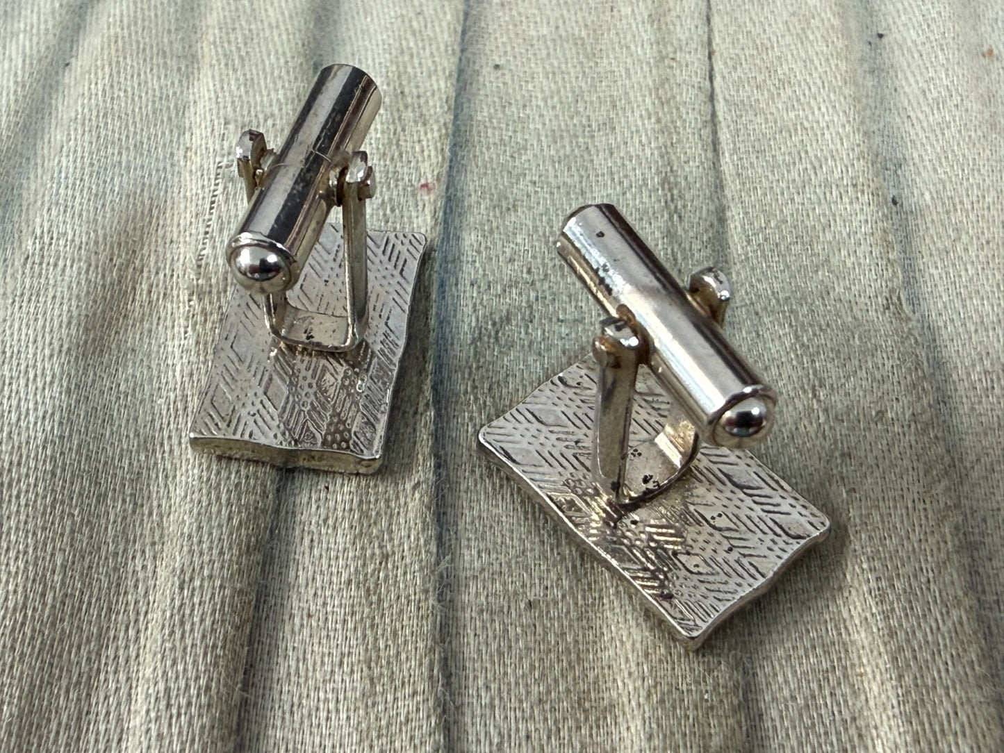 Vintage Black Glass Panel Cufflinks Pale Tone Fancy Retro Mens Gents