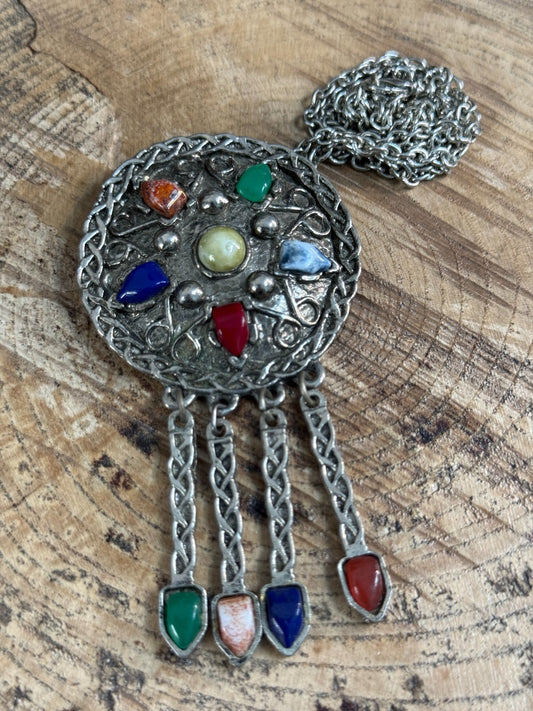 Vintage Silver Tone Celtic Knotwork Disc Pendant Necklace Multicolour Glass