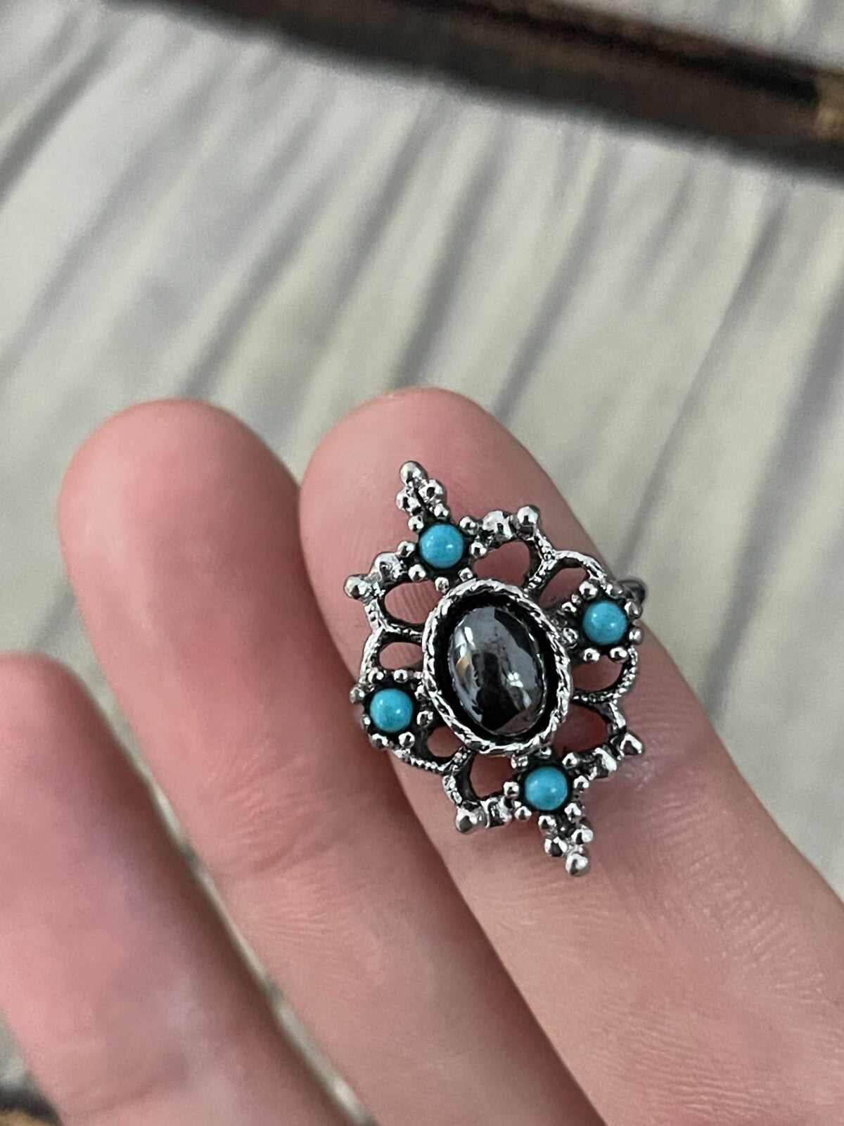 Vintage AVON Mirabella Ring Hematite Faux Turquoise Silver Tone 1970s Size L