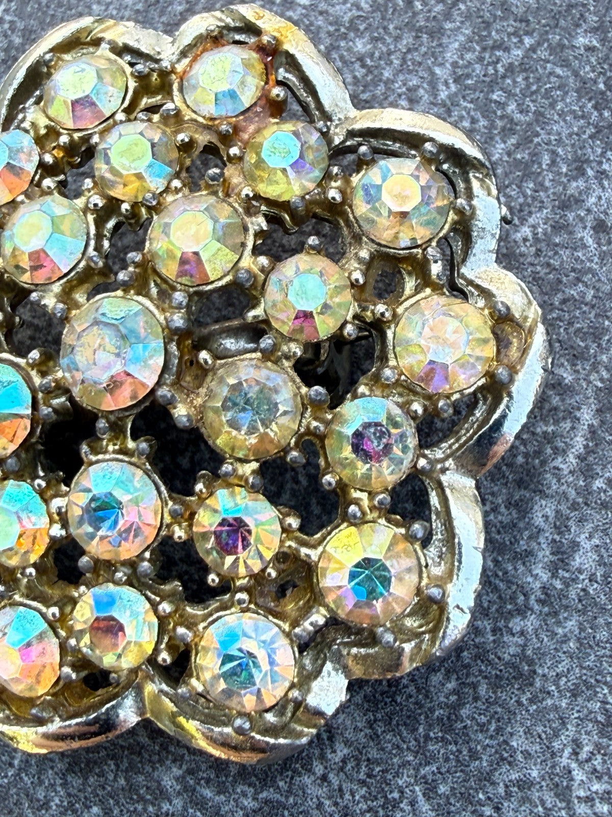 Vintage Yellow Aurora Borealis Brooch Gold Tone Rhinestone Sparkly Mid Century