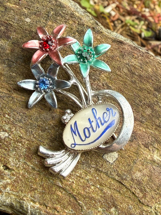 Vintage Mother Brooch Silver Tone Flower Pin Grandmother Mum Mom Colourful