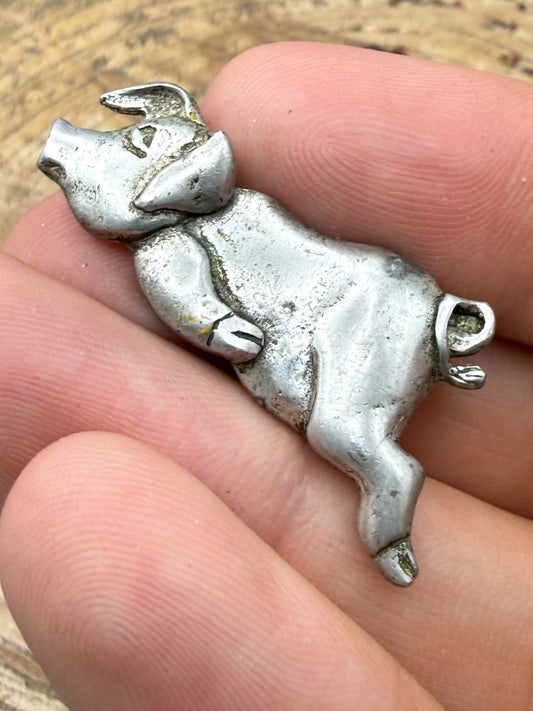 Vintage A.E. Williams Pewter Pig Brooch Pin Signed Piglet Sleeping Farmyard