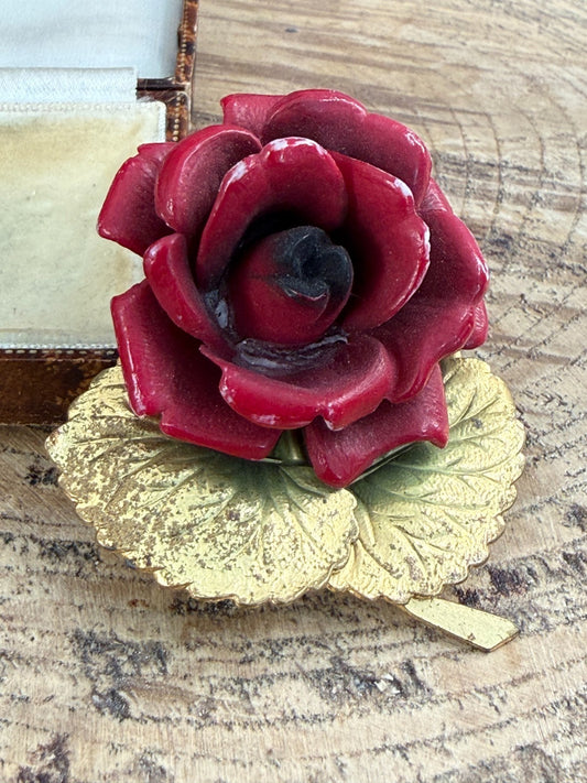 Vintage Red Rose Brooch Gold Tone Leaf Base Painted Plastic Floral 1970s 1980s