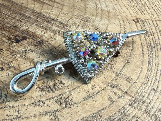 Vintage Silver Tone Umbrella Brooch AB Aurora Borealis Rhinestone Pin Kitsch