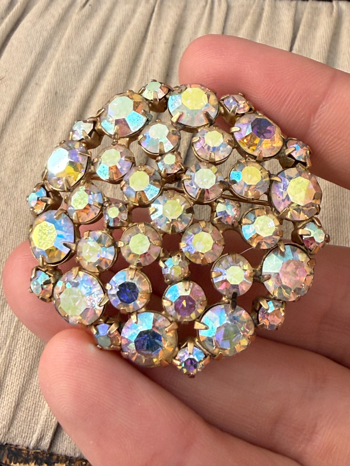 Vintage Aurora Borealis Rhinestone Brooch Cluster Gold Tone Pin 1950s 1960s