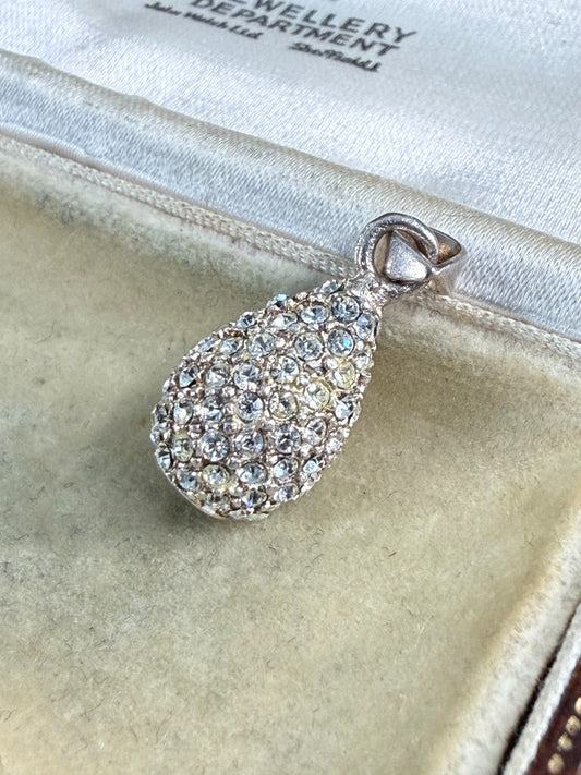 Sterling Silver 925 Pavé Rhinestone Teardrop Pendant Clear Crystal Sparkle Charm