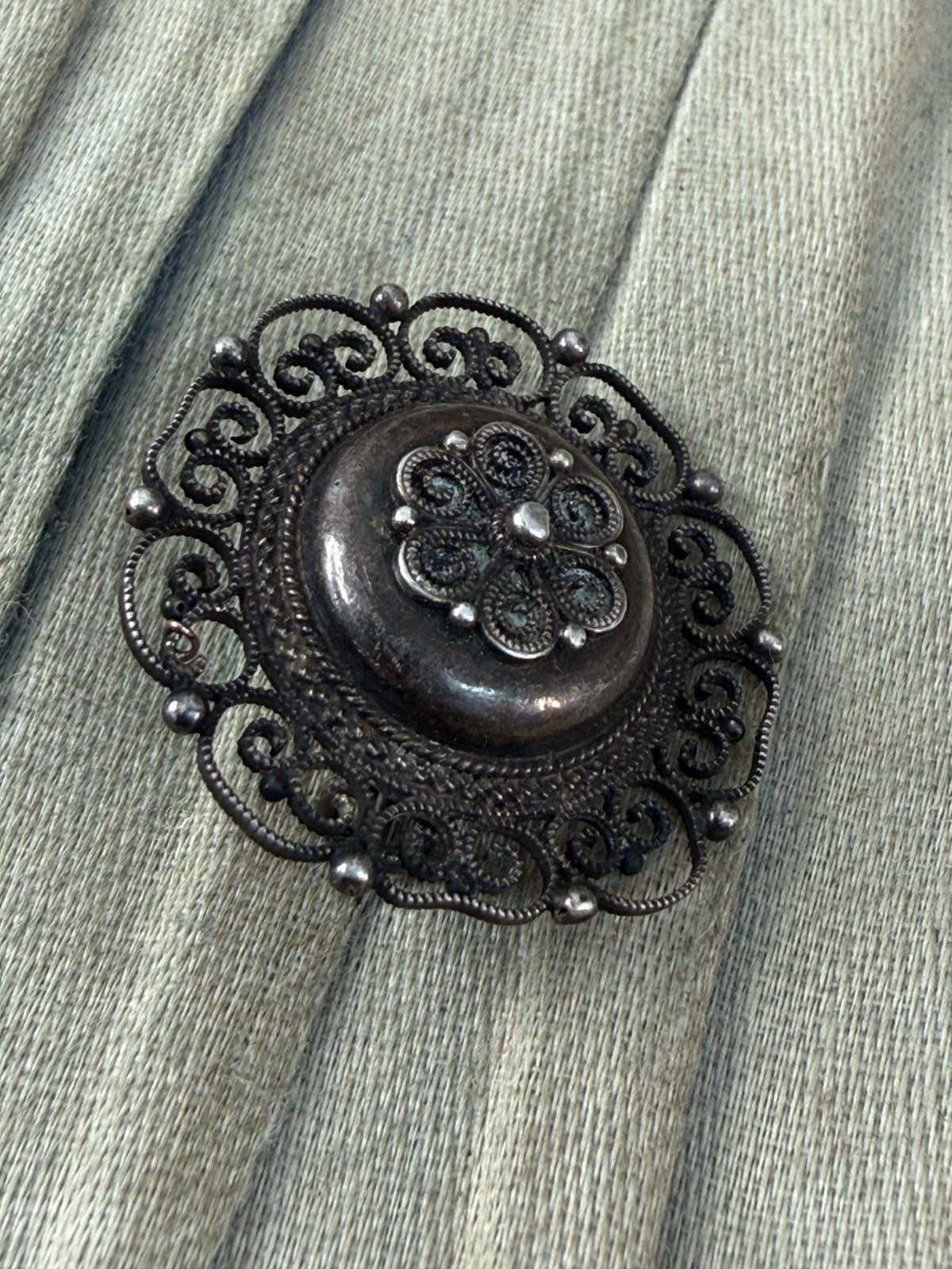 Antique Scandinavian 830 Silver Filigree Brooch Scrollwork Floral Rosette Pin