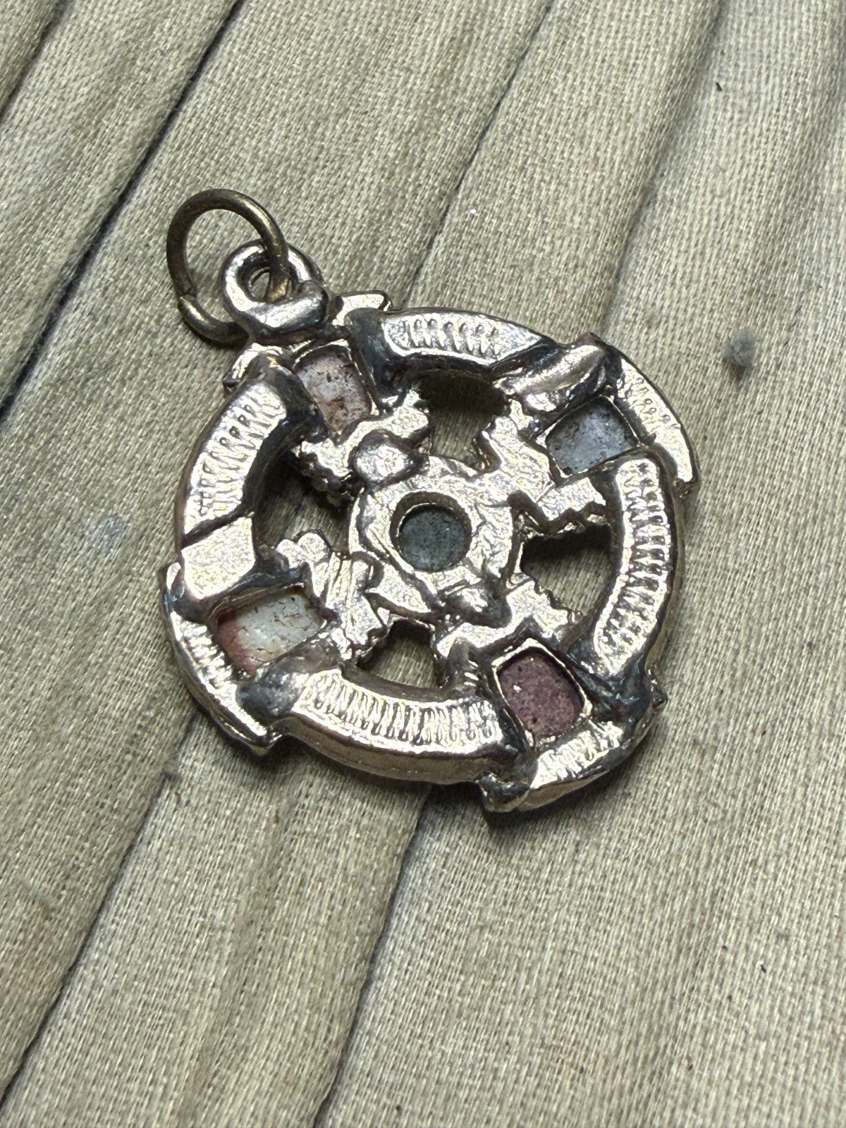 Vintage Celtic Cross Pendant Silver Tone Faux Agate Pebble Glass Colourful