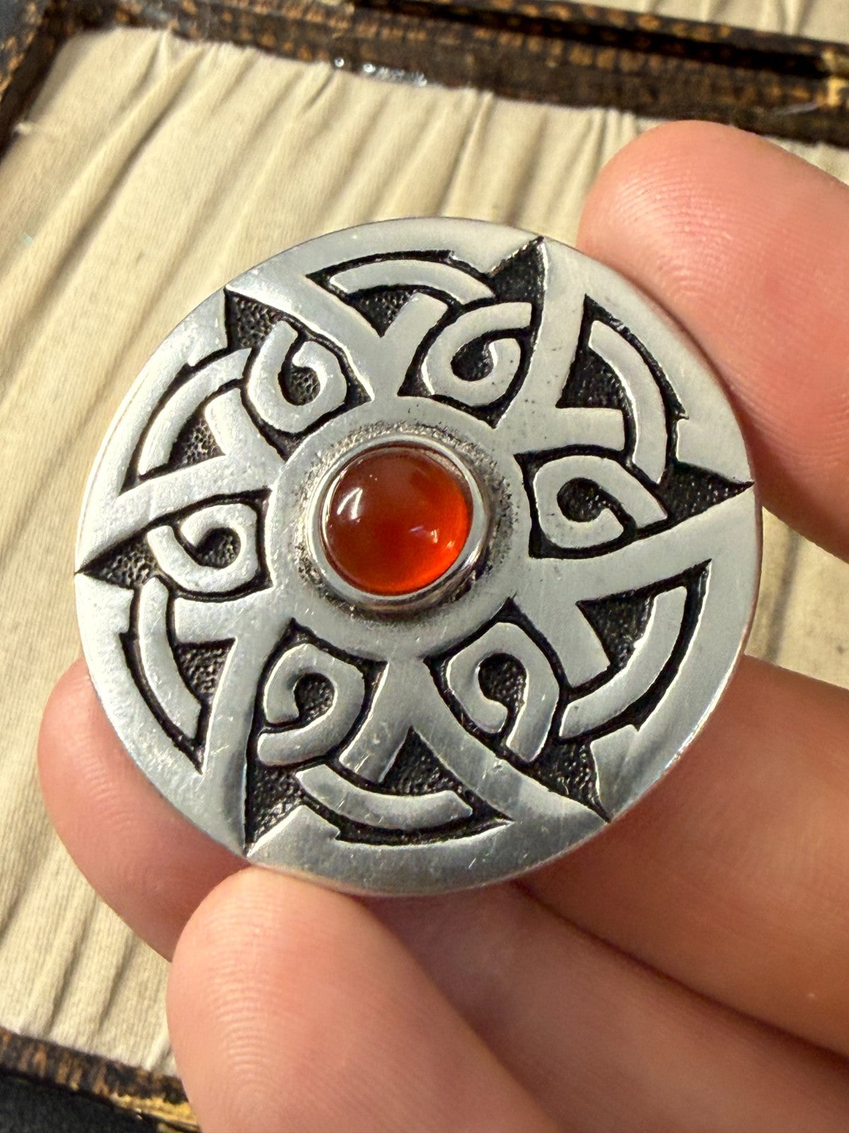 Vintage St Justin Pewter Brooch Celtic Knotwork Round Pin Orange Glass Cabochon