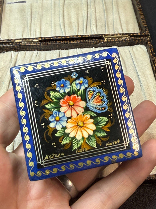 Vintage Russian Lacquered Trinket Box Hand Painted Floral Flowers Square Blue