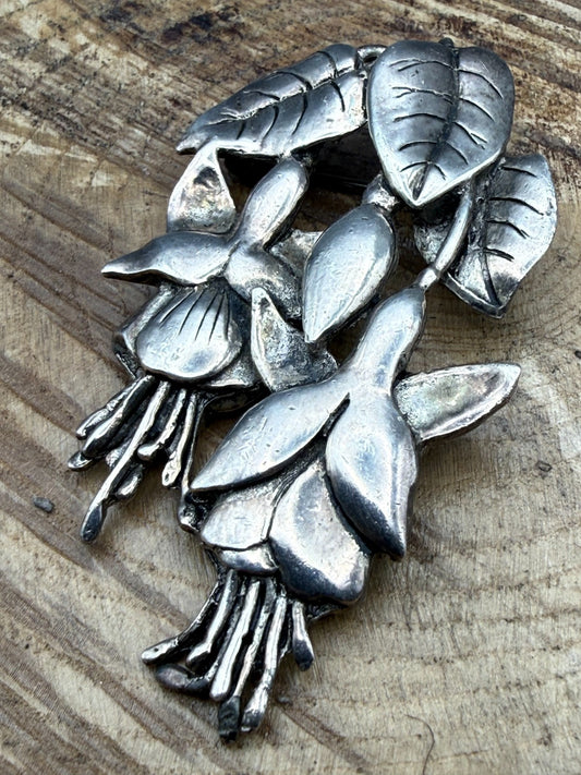 Vintage Fuchsia Brooch Pewter MASJ Silver Tone Statement Pin Signed Floral Welsh