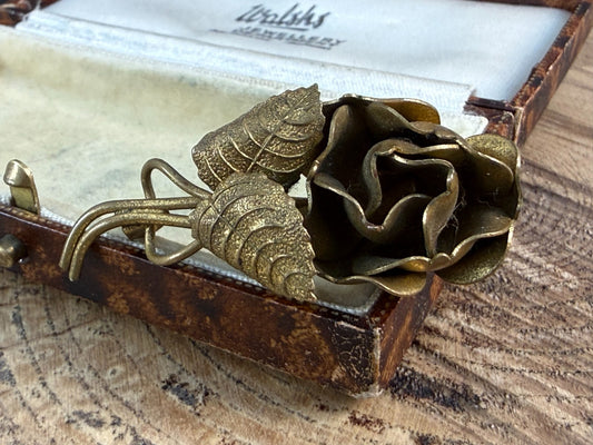 Vintage Rose Brooch Gold Tone Pin Flower Floral Sculptural 1940s Brass Natural