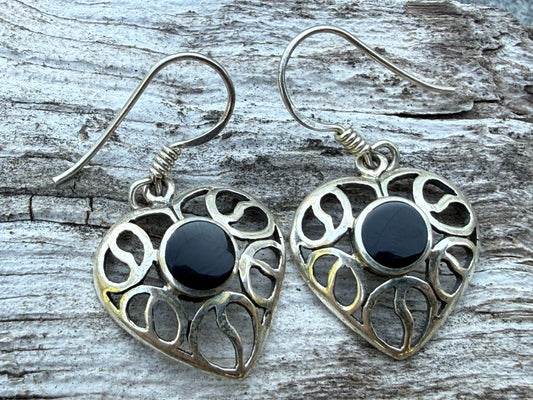 Sterling Silver Heart Earrings Black Onyx Drop Dangle Openwork Love Anniversary