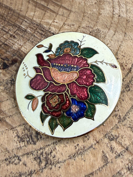 Vintage Cloisonné Enamel Floral Brooch Multicolour Flower Round Gold Tone Pin