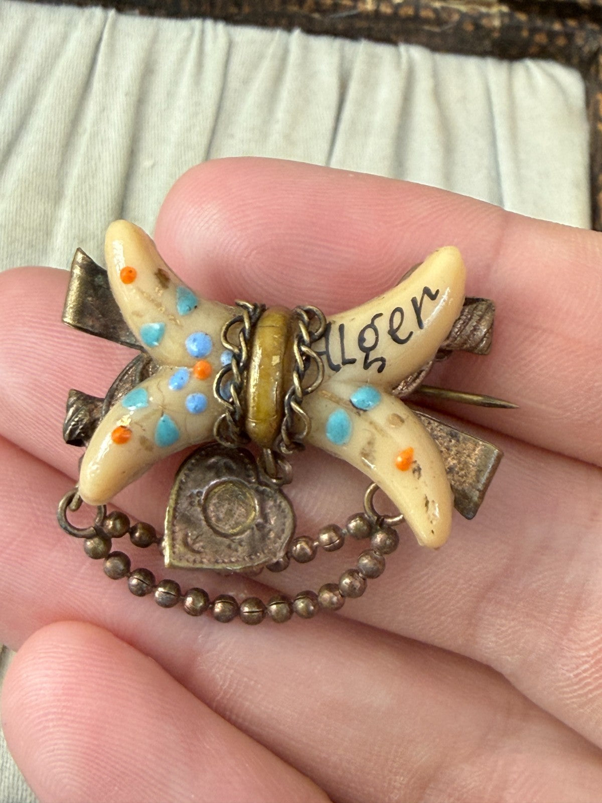 Antique Victorian Souvenir Sweetheart Brooch Alger Algeria Love Heart Pin