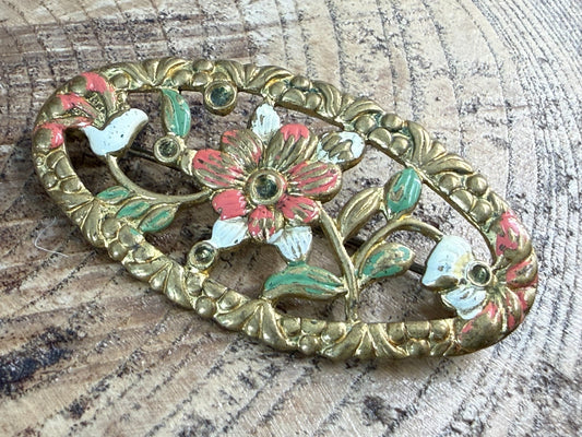 Vintage Art Deco Flower Brooch Gold Tone Oval Pin Brass Painted 1930s 1940s