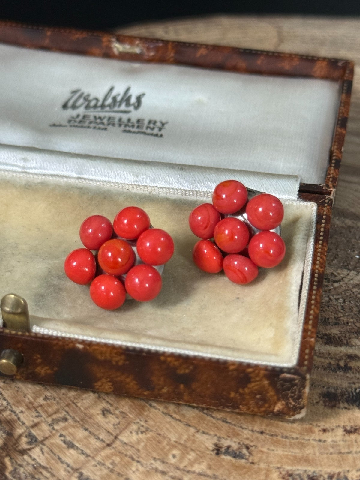 Vintage Red Glass Clip On Earrings Silver Tone Mid Century Floral Bead Bright