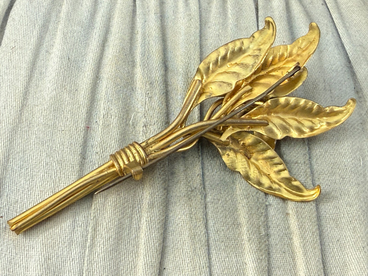 Vintage Orchid Spray Brooch Cold Painted Faux Pearl Floral Mid Century Gold Tone
