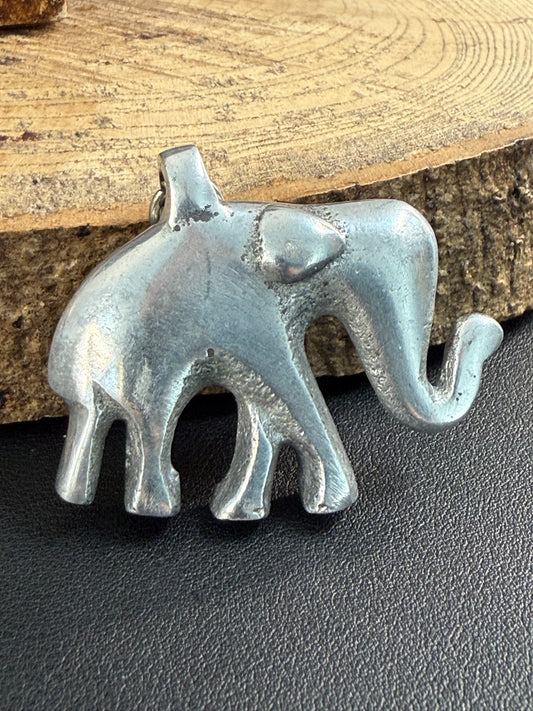 Vintage Elephant Pendant Trunk Up Lucky Charm Large Heavy Cast Silver Tone