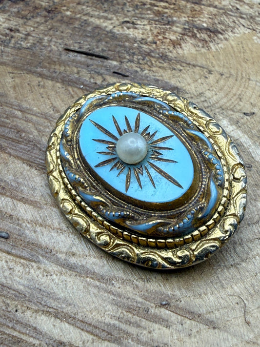 Vintage Etruscan Revival Brooch Turquoise Glass Faux Pearl Starburst Pin
