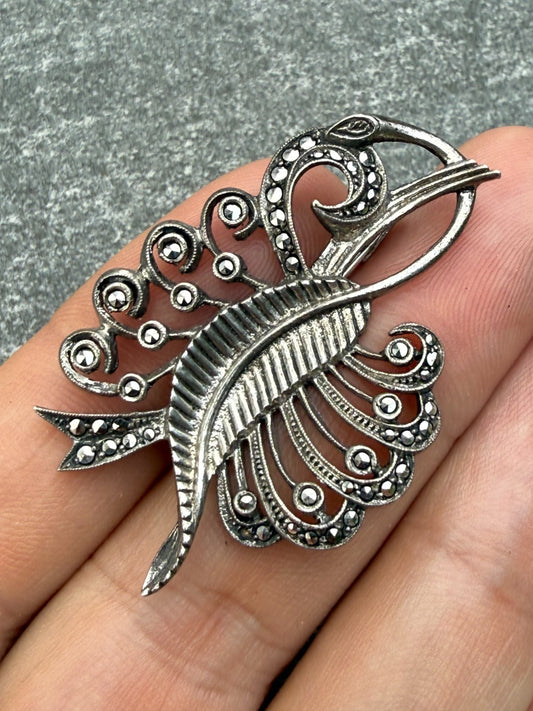 Vintage Ornate Marcasite Brooch Silver Tone Abstract Spray Pin Mid Century