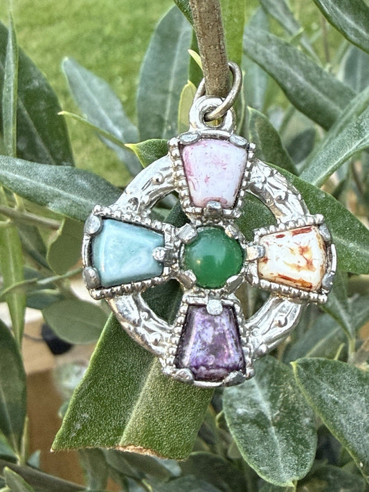 Vintage Celtic Cross Pendant Silver Tone Faux Agate Pebble Glass Colourful