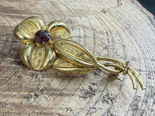 Vintage Single Flower Brooch Red Glass Rhinestone Ornate Gold Tone Floral Pin
