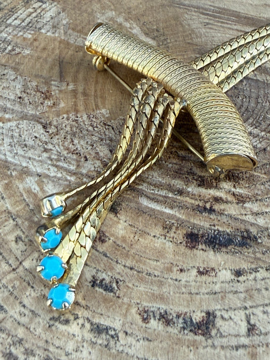 Vintage Gold Tone Snake Chain Tassel Brooch Turquoise Glass Tipped Ends Pin