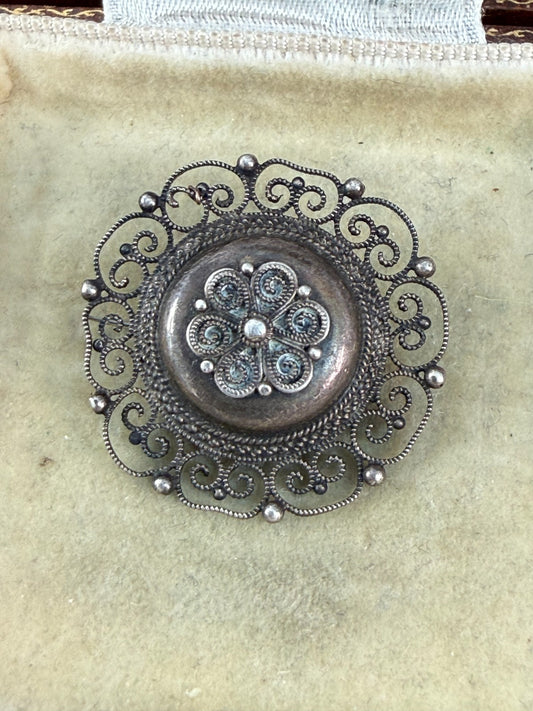 Antique Scandinavian 830 Silver Filigree Brooch Scrollwork Floral Rosette Pin