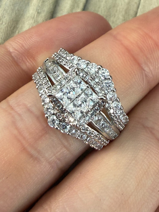 Sparkly Silver Tone Rhinestone Princess Cut Cluster Halo Bridal Ring Size U