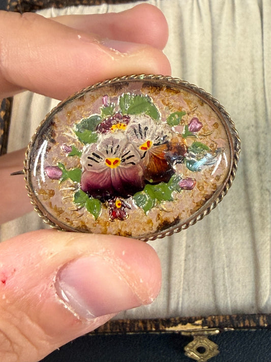 Antique Goofus Glass Pansy Brooch Floral Oval Gold Tone Painted Victorian