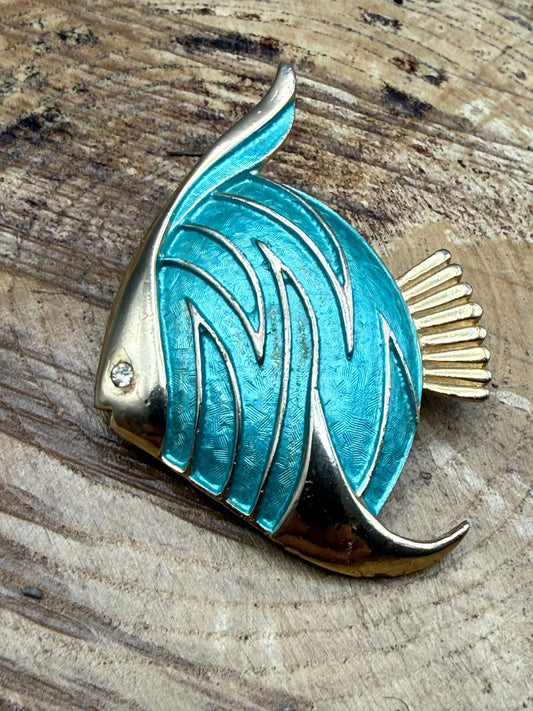 Vintage Pastelli Angel Fish Brooch Gold Tone Turquoise Pin Tropical Sealife