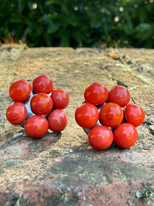 Vintage Red Glass Clip On Earrings Silver Tone Mid Century Floral Bead Bright