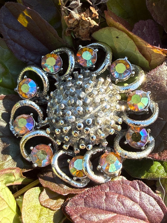 Vintage Aurora Borealis Flower Brooch Silver Tone Floral Rhinestone Sparkly