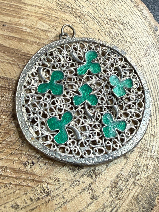 Vintage Silver Tone Shamrock Pendant Green Enamel Openwork Celtic Clover Lucky