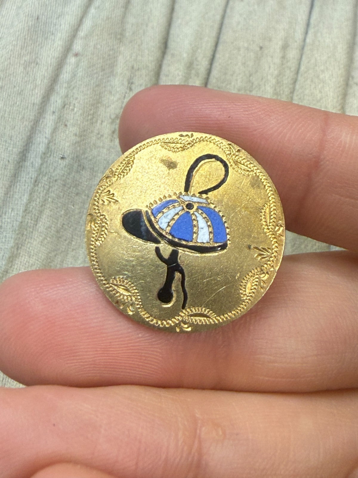 Antique Horse Racing Enamel Lapel Pin Jockey Cap Blue White Equestrian Whip