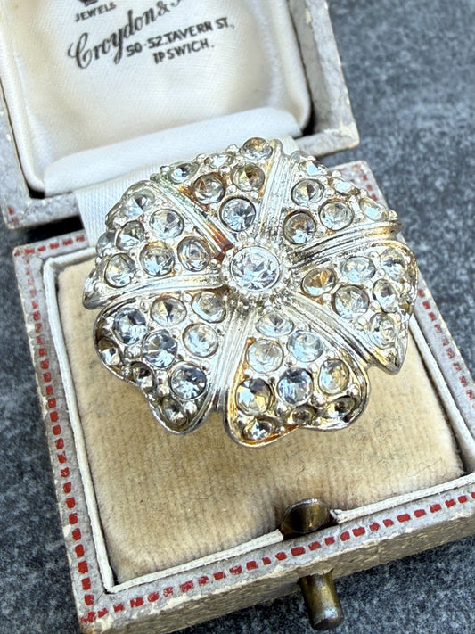 Vintage Silver Plated Flower Ring Rhinestone Cluster Floral Statement Size Q