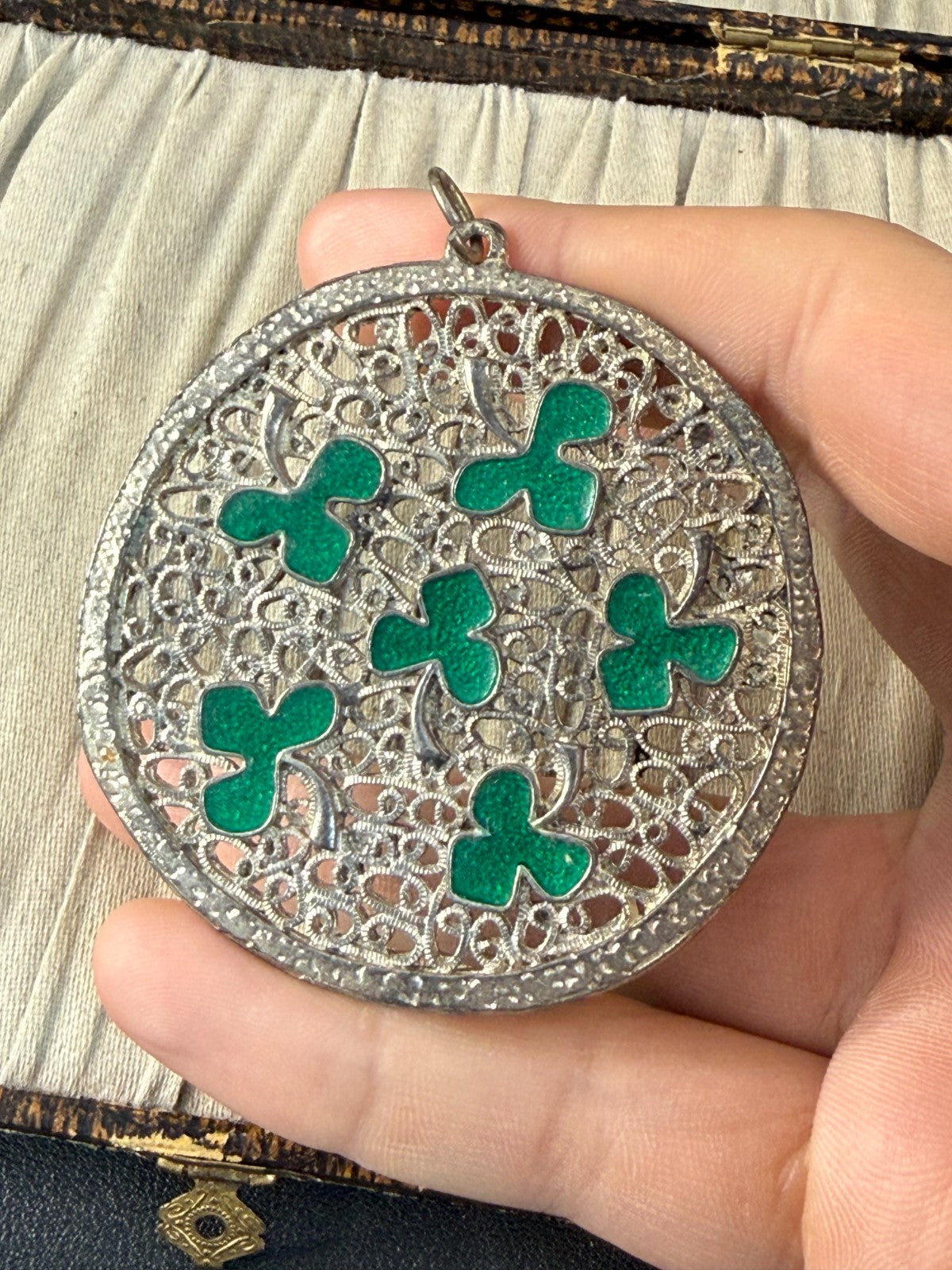Vintage Silver Tone Shamrock Pendant Green Enamel Openwork Celtic Clover Lucky