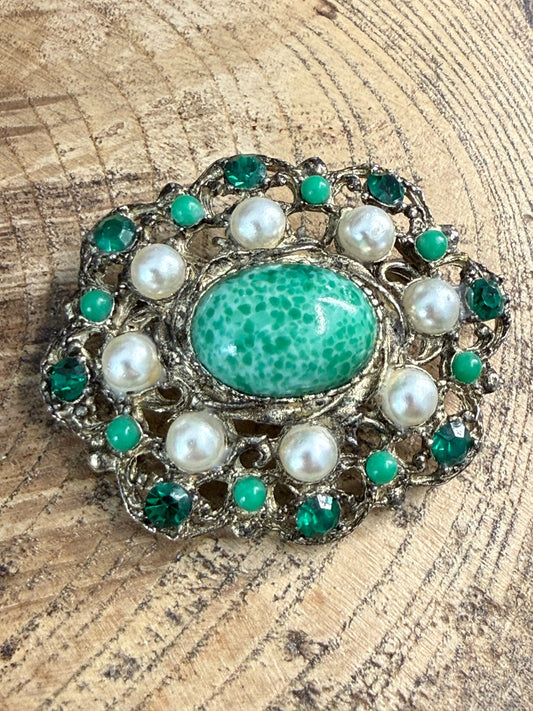 Vintage Hollywood Brooch Green Glass Faux Pearl Rhinestone Gold Tone Pin