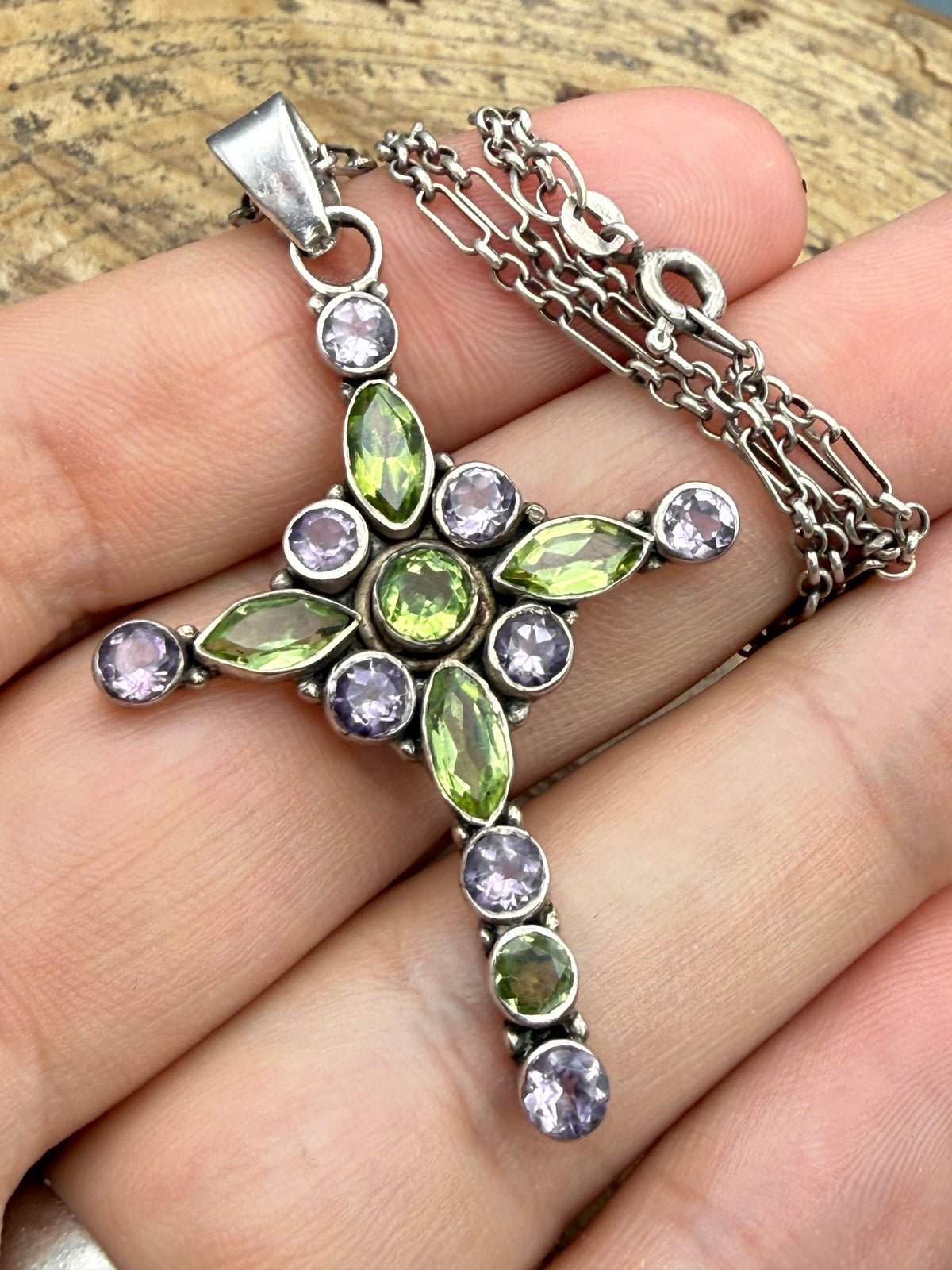 Vintage Sterling Silver Amethyst & Peridot Cross Necklace, Suffragette Colours