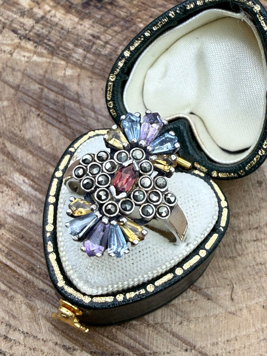 Sterling Silver Gemstone Cluster Ring, Marcasite Accents