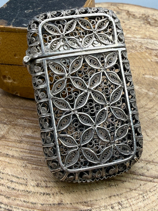 Antique Continental Silver Filigree Vesta Case