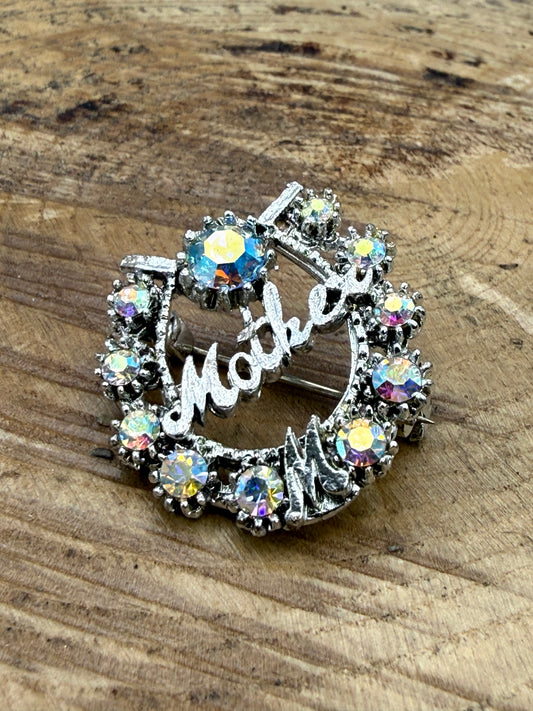 Vintage Mother Brooch with Aurora Borealis Rhinestones
