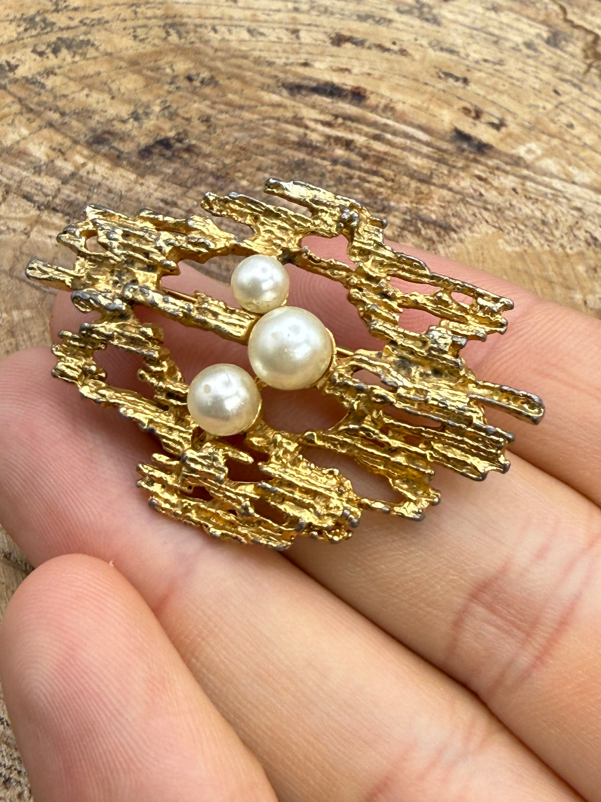 Vintage Brutalist Brooch with Faux Pearls