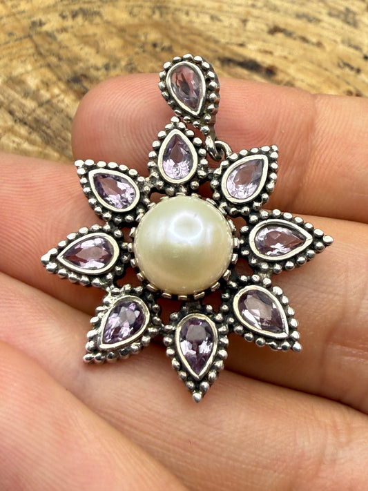 Vintage Sterling Silver Amethyst Pearl Flower Pendant