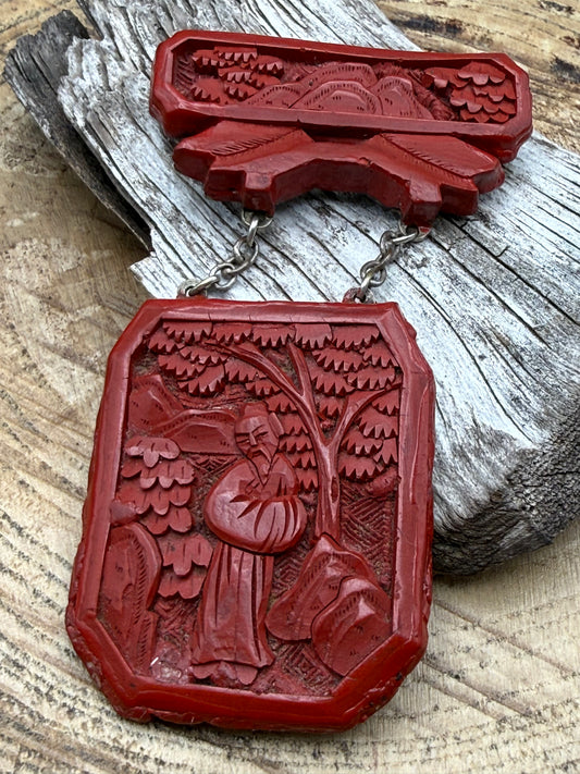 Antique Chinese Carved Cinnabar Silver Brooch of Scholar