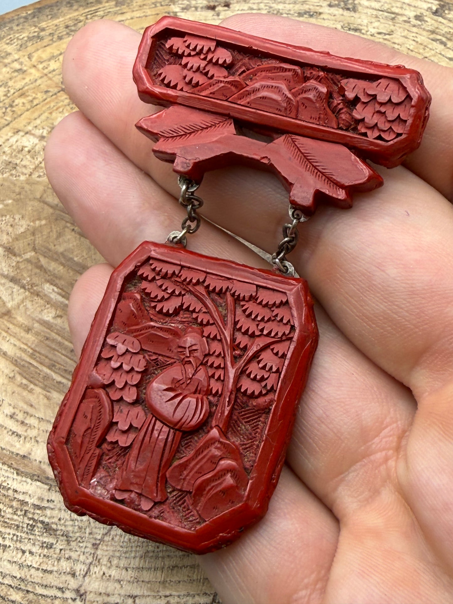 Antique Chinese Carved Cinnabar Silver Brooch of Scholar