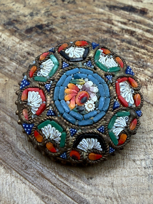 Antique Italian Micromosaic Floral Roundel Brooch