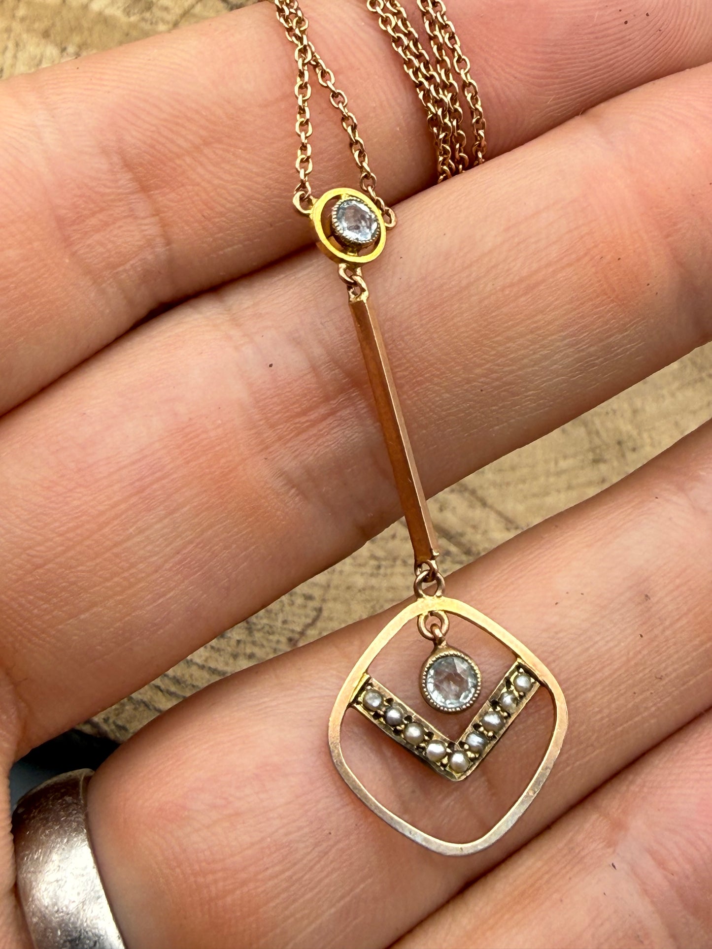 Edwardian Aquamarine & Seed Pearl 9ct Gold Pendant Necklace