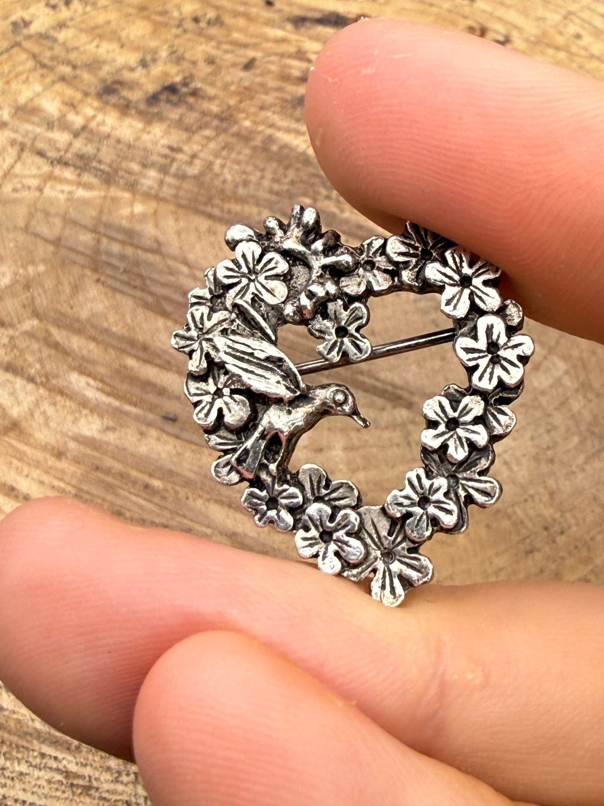 Vintage Pewter Hummingbird Heart Brooch by MASJ